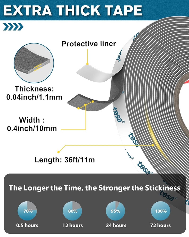 EMITEVER Tesa Double Sided Tape Heavy Duty 0.4in x 36ft 68211, Adhesive Mounting Tape Waterproof, Strong Foam Tape for Walls, Extreme Temp Resistant No Residue Removal Two Sided Tape for Auto, Home, Office - Image 2